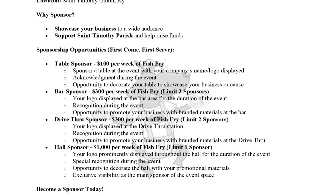 St. Timothy 2025 Fish Fry – SPONSORSHIP Opportunities