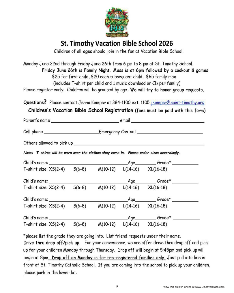 Vacation bible School Sheet