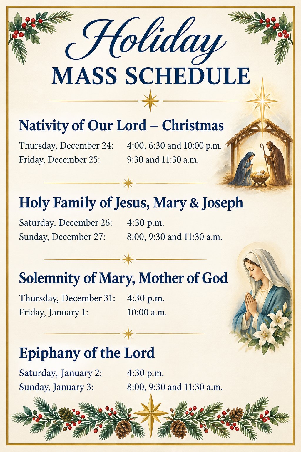 Holiday Mass Schedule Poster Holiday Mass Schedule Poster
